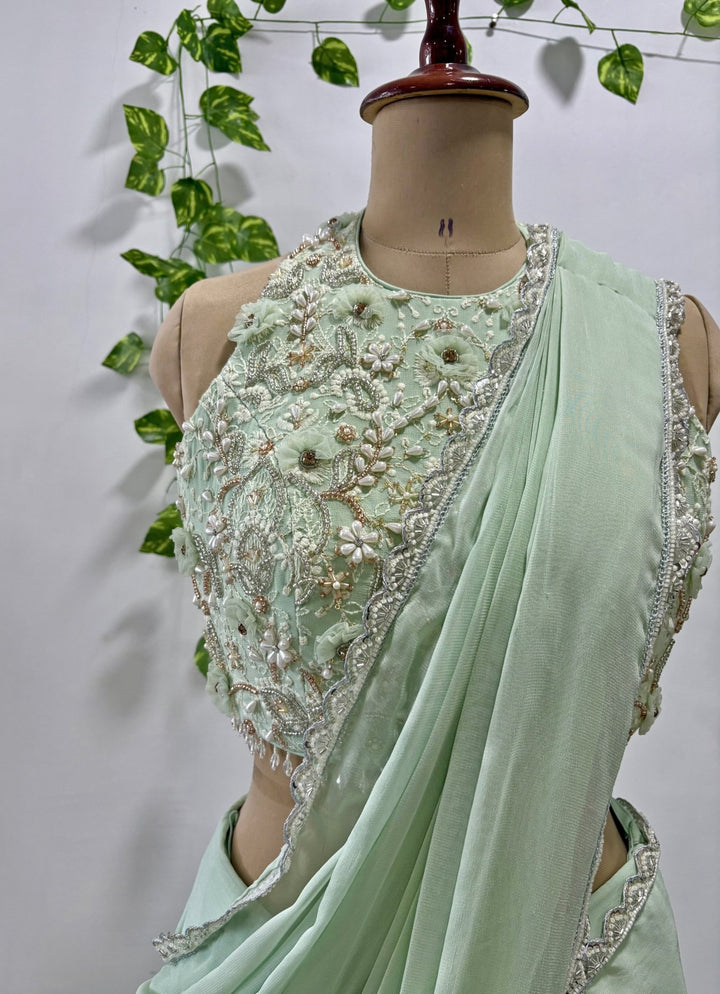 Priti Sahni Mint Green Georgette Pre-Draped SareeFabilicious Fashion