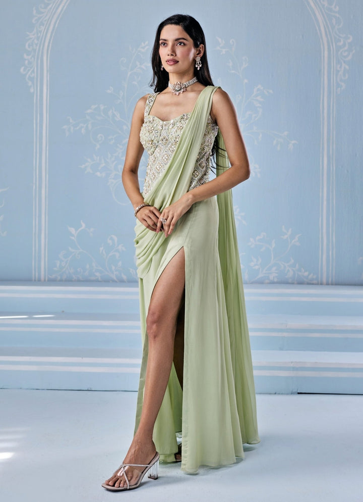 Mint Green Georgette Pre - Draped Slit Saree Seema Thukral - Fabilicious Fashion