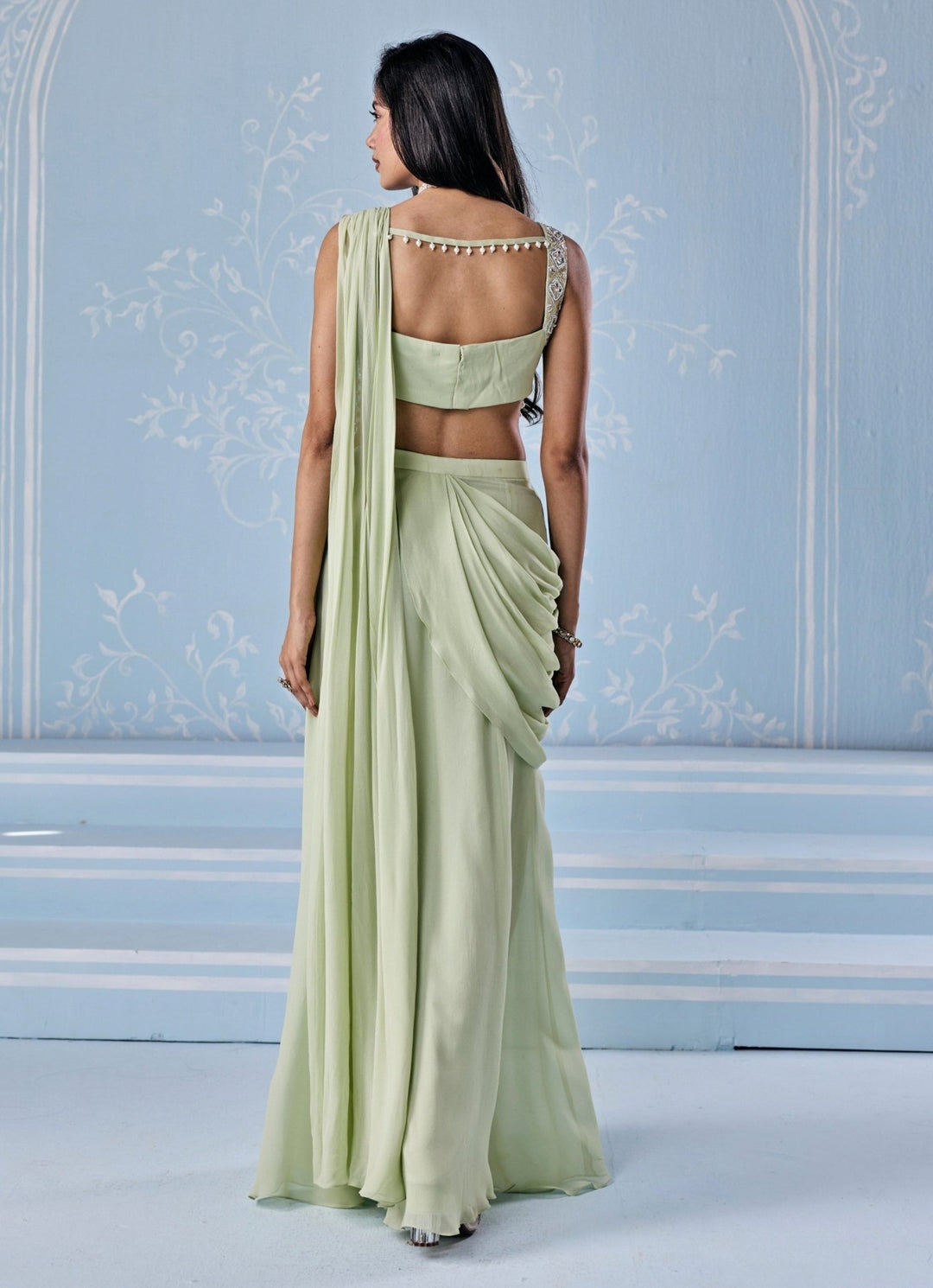 Mint Green Georgette Pre - Draped Slit Saree Seema Thukral - Fabilicious Fashion