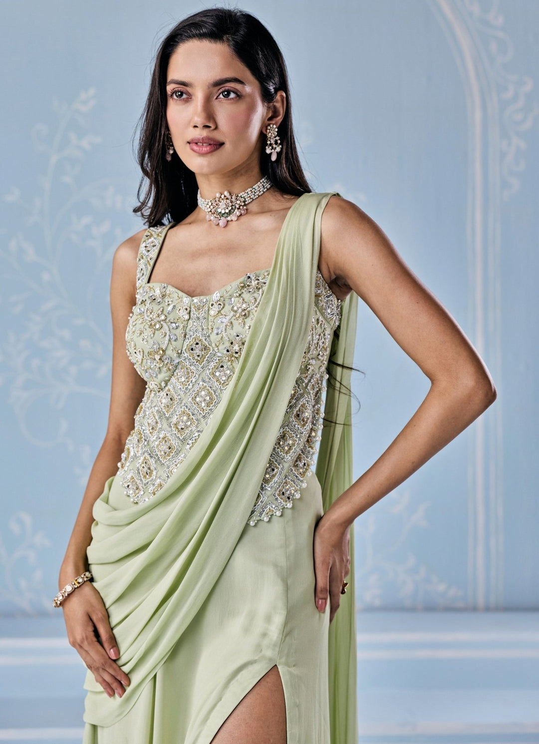 Mint Green Georgette Pre - Draped Slit Saree Seema Thukral - Fabilicious Fashion