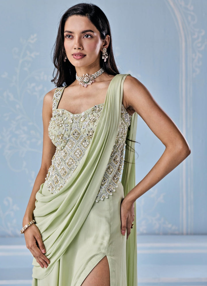 Mint Green Georgette Pre - Draped Slit Saree Seema Thukral - Fabilicious Fashion