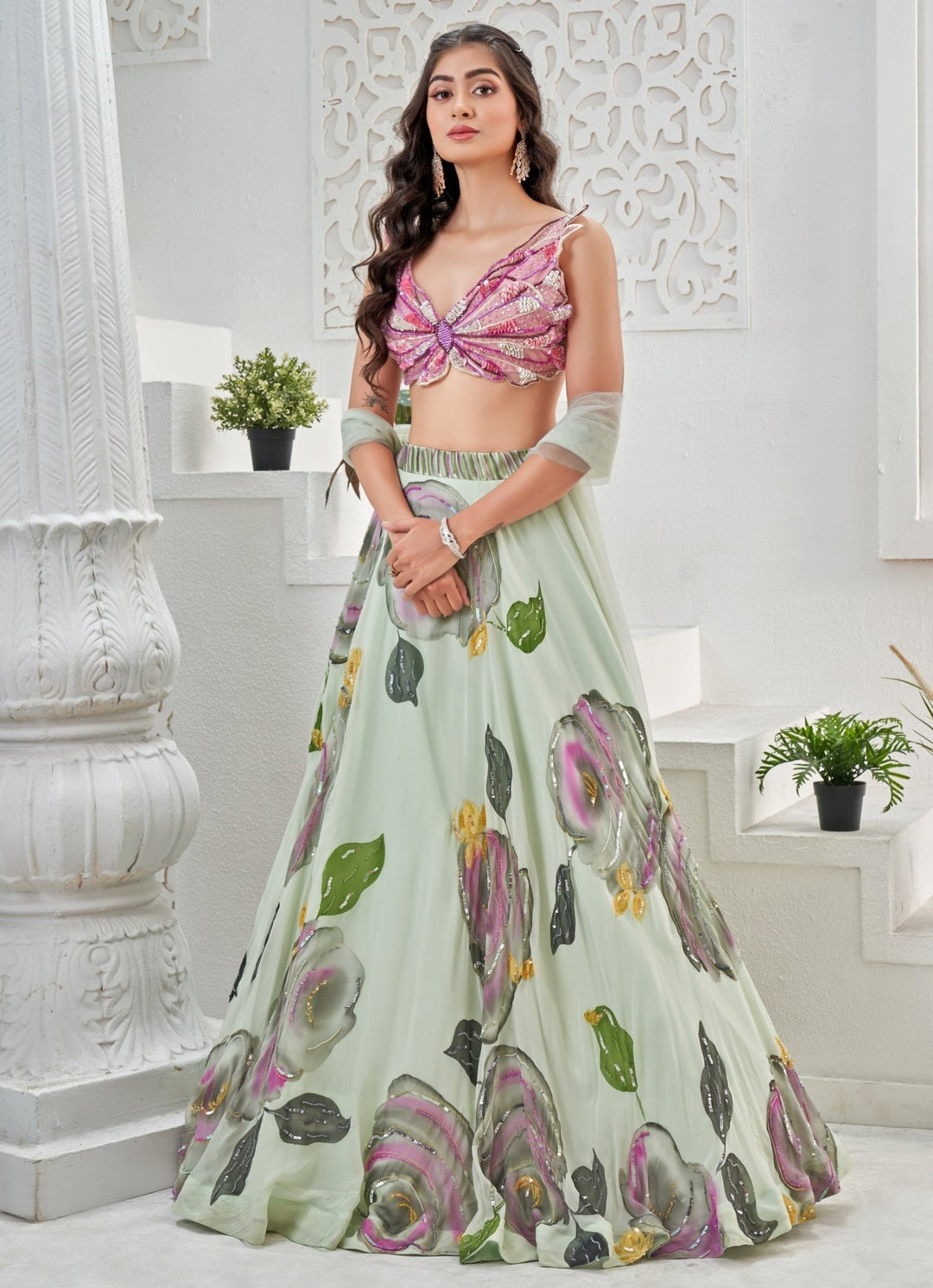 Mint Green Hand Painted Georgette Lehenga Set Priti Sahni - Fabilicious Fashion