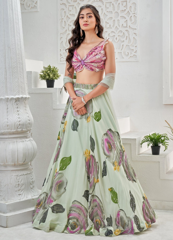 Mint Green Hand Painted Georgette Lehenga Set Priti Sahni - Fabilicious Fashion