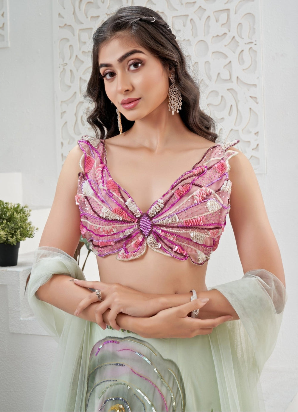 Mint Green Hand Painted Georgette Lehenga Set Priti Sahni - Fabilicious Fashion