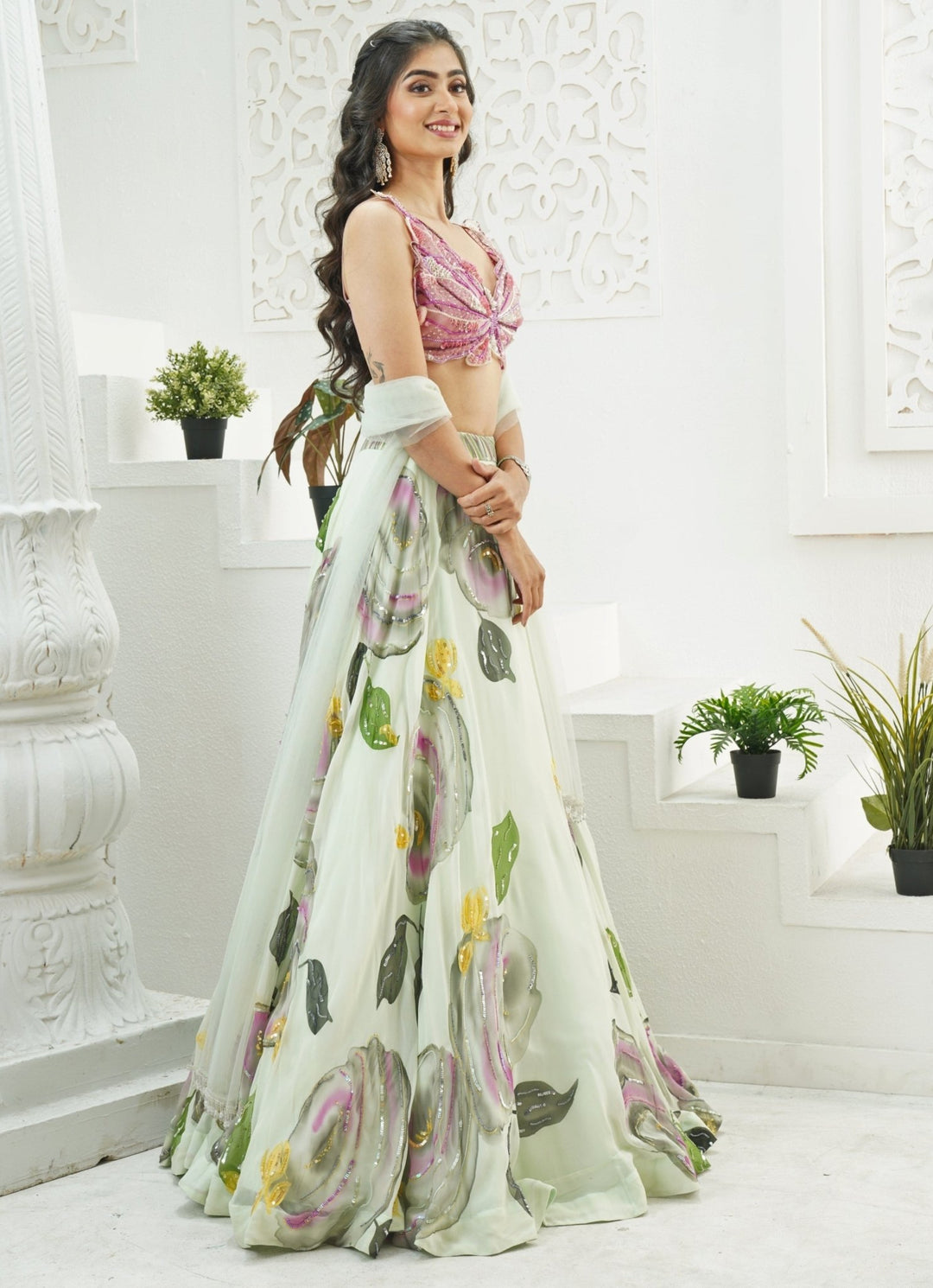 Mint Green Hand Painted Georgette Lehenga Set Priti Sahni - Fabilicious Fashion