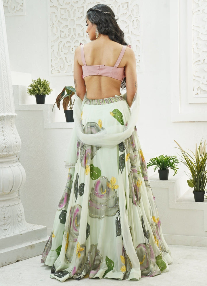 Mint Green Hand Painted Georgette Lehenga Set Priti Sahni - Fabilicious Fashion