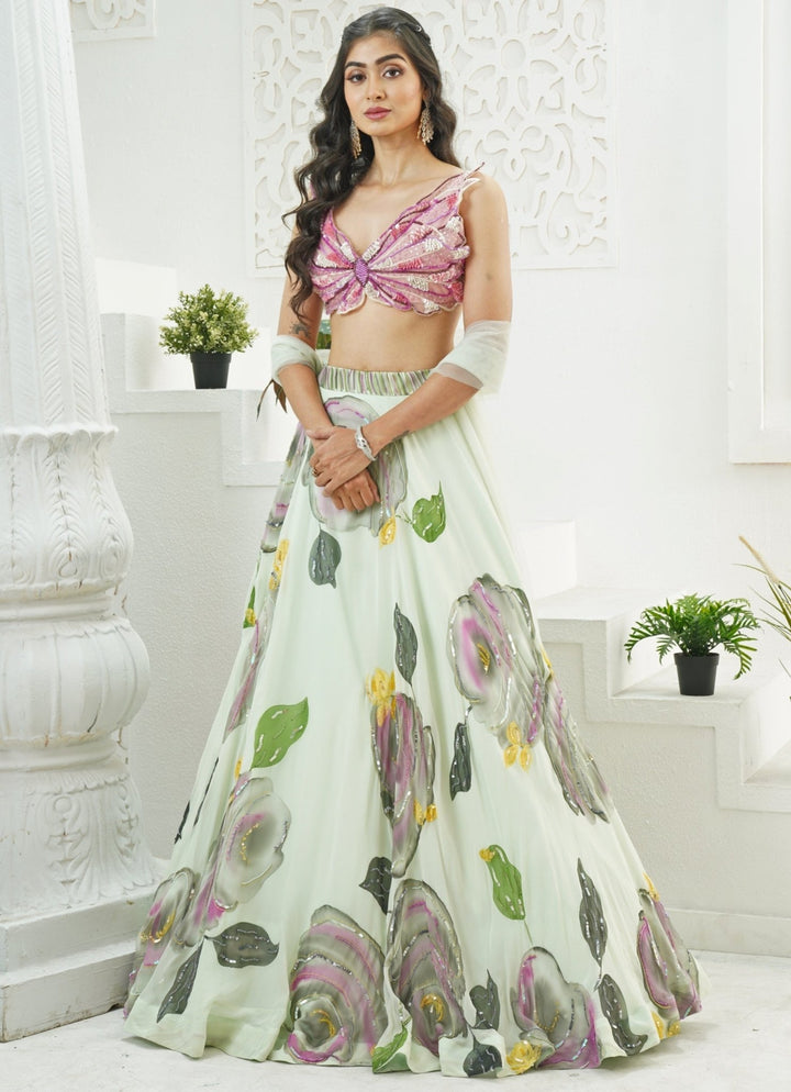 Mint Green Hand Painted Georgette Lehenga Set Priti Sahni - Fabilicious Fashion