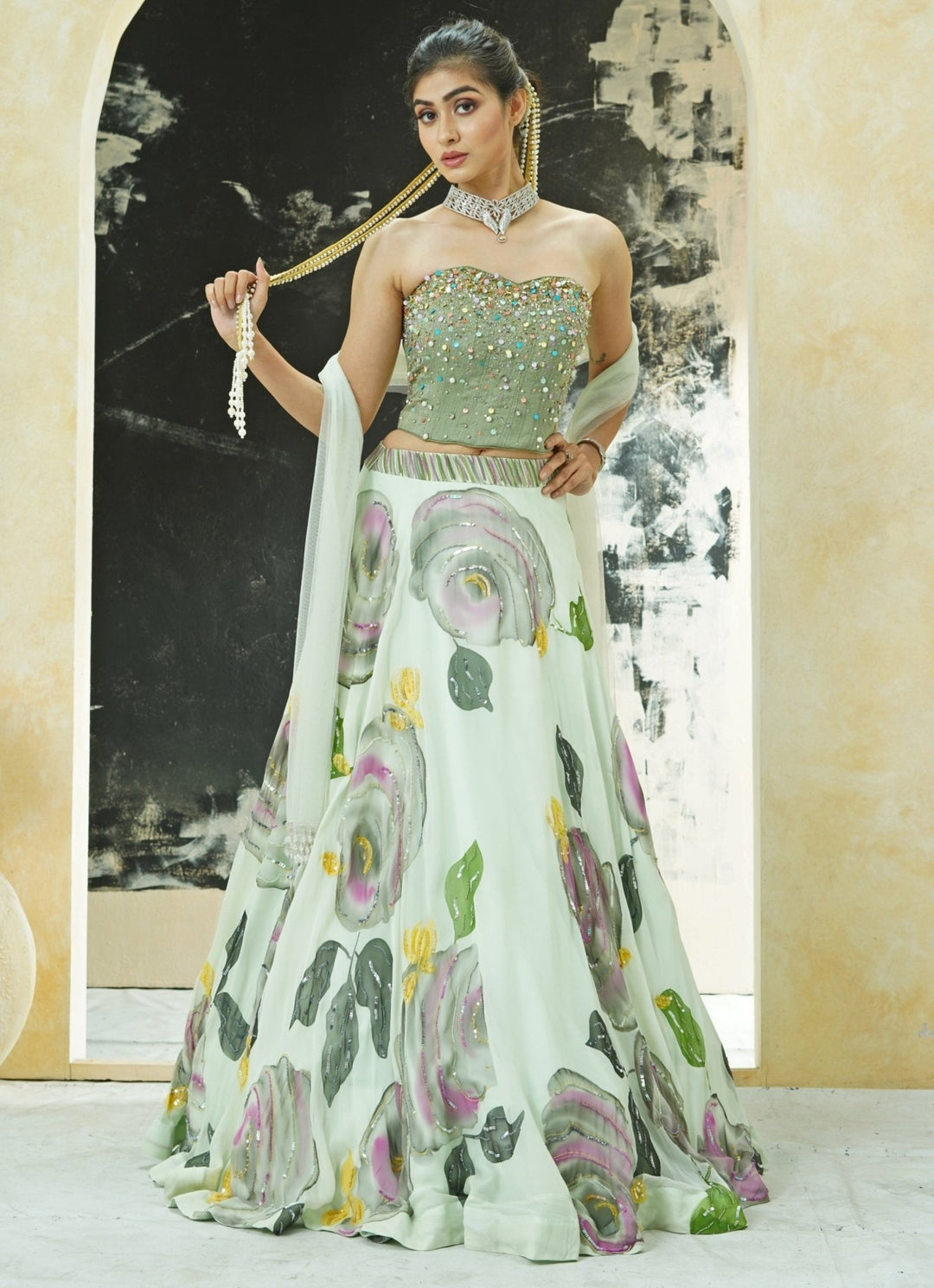 Mint Green Hand Painted Georgette Lehenga With Silk Corset Priti Sahni - Fabilicious Fashion