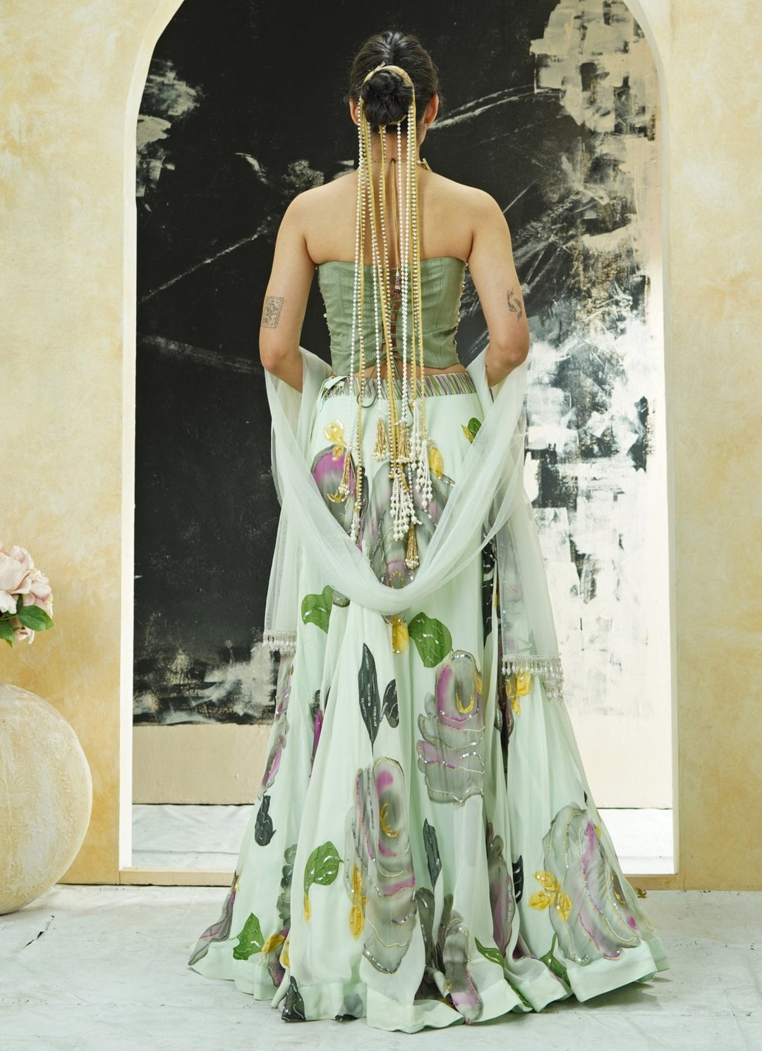 Mint Green Hand Painted Georgette Lehenga With Silk Corset Priti Sahni - Fabilicious Fashion