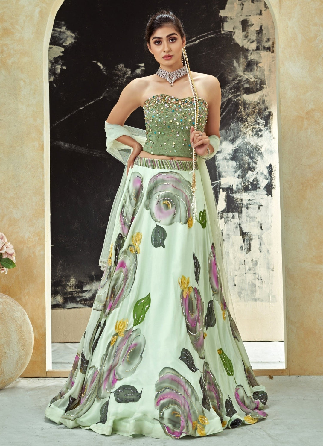 Mint Green Hand Painted Georgette Lehenga With Silk Corset Priti Sahni - Fabilicious Fashion
