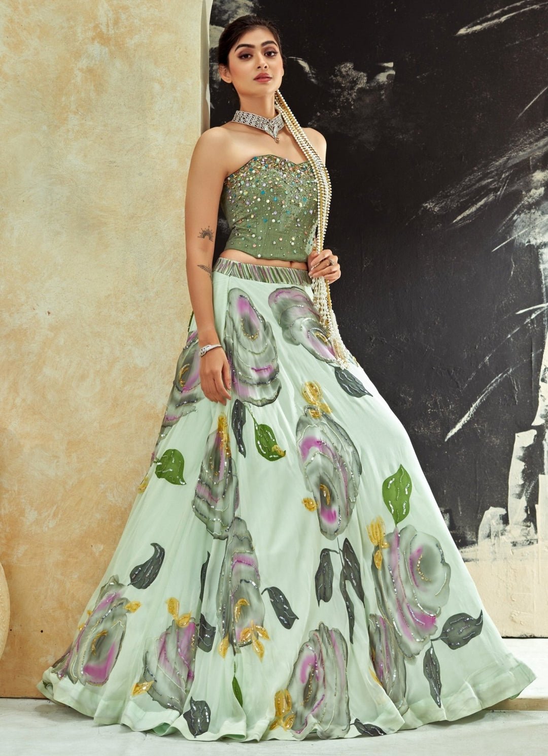 Mint Green Hand Painted Georgette Lehenga With Silk Corset Priti Sahni - Fabilicious Fashion
