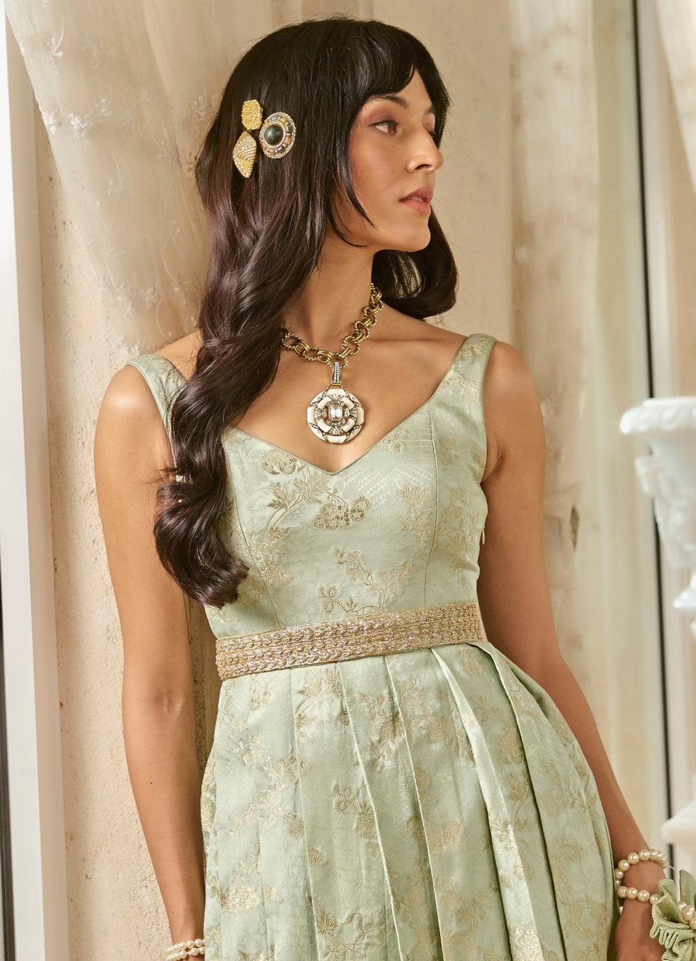 Mint Green Jacquard Anarkali Gown Paulmi and Harsh - Fabilicious Fashion