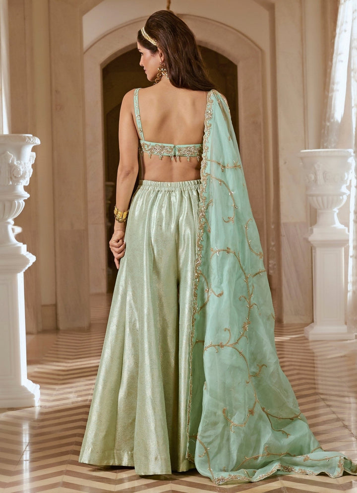 Mint Green Jacquard Blouse Palazzo Set Paulmi and Harsh - Fabilicious Fashion