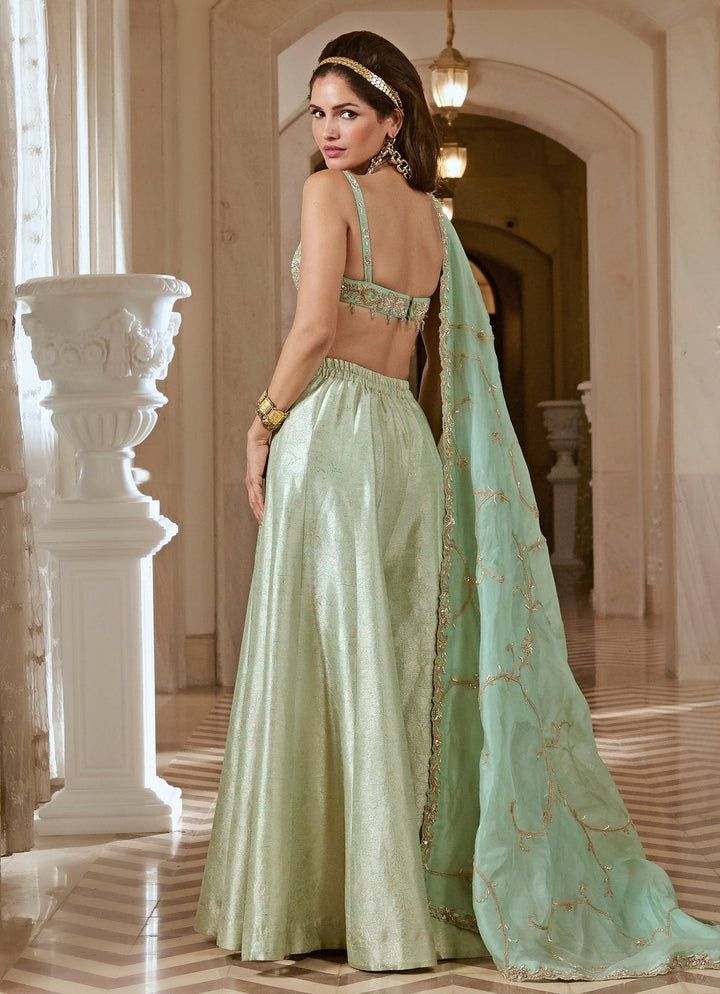 Mint Green Jacquard Blouse Palazzo Set Paulmi and Harsh - Fabilicious Fashion