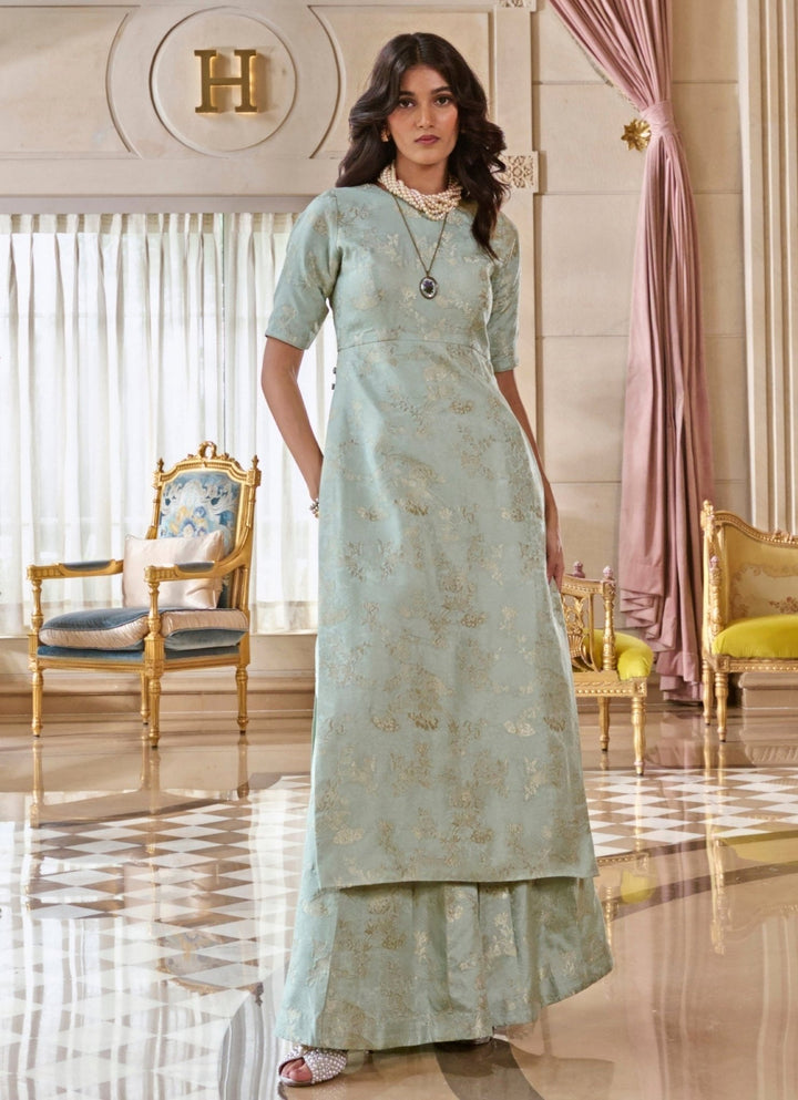 Mint Green Jacquard Kurta Pants Set Paulmi and Harsh - Fabilicious Fashion
