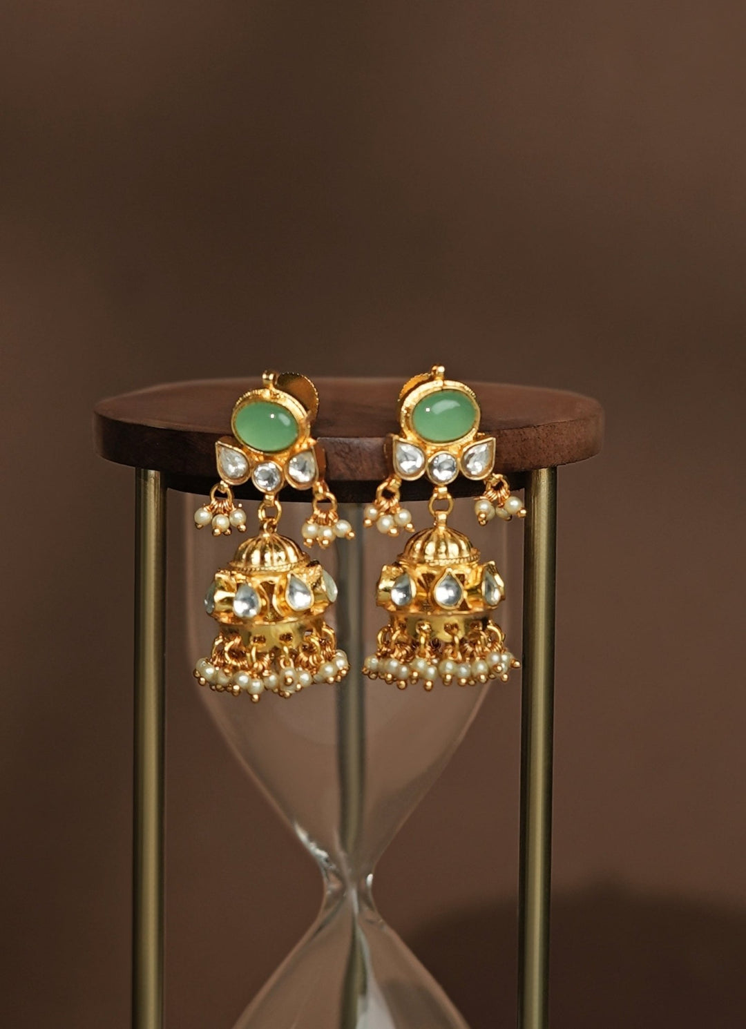 Mint Green Matte Gold Jhumki Earrings Riana Jewellery - Fabilicious Fashion