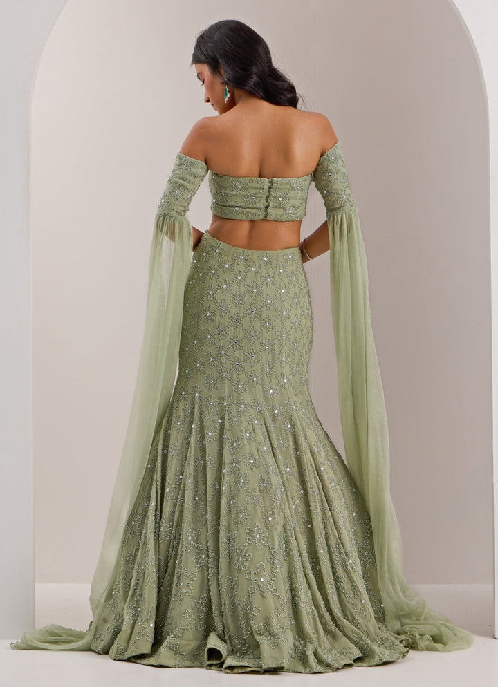 Mint Green Mermaid Jaal Lehenga Silky Bindra - Fabilicious Fashion