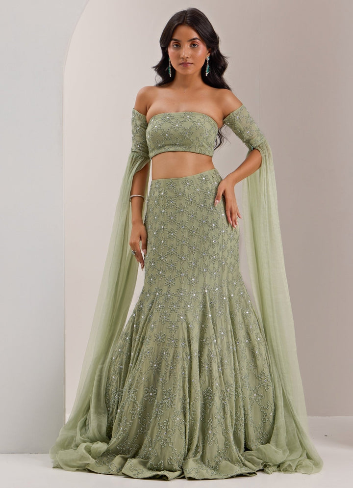 Mint Green Mermaid Jaal Lehenga Silky Bindra - Fabilicious Fashion