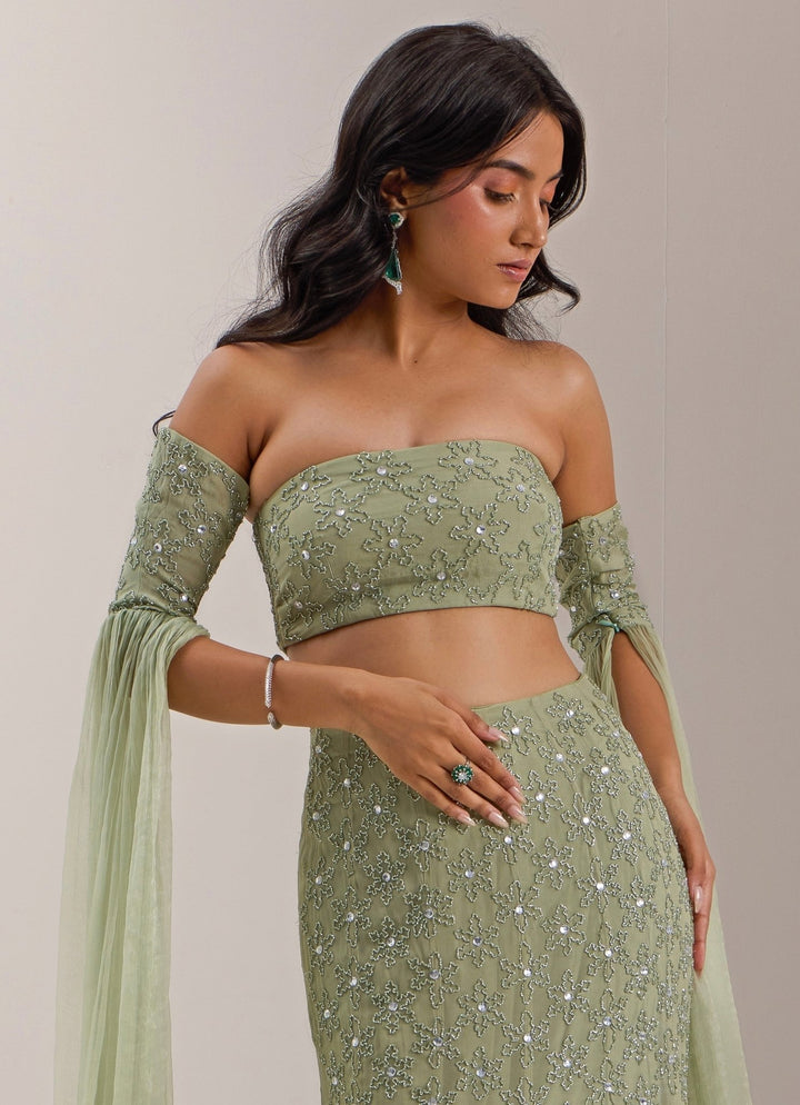 Mint Green Mermaid Jaal Lehenga Silky Bindra - Fabilicious Fashion