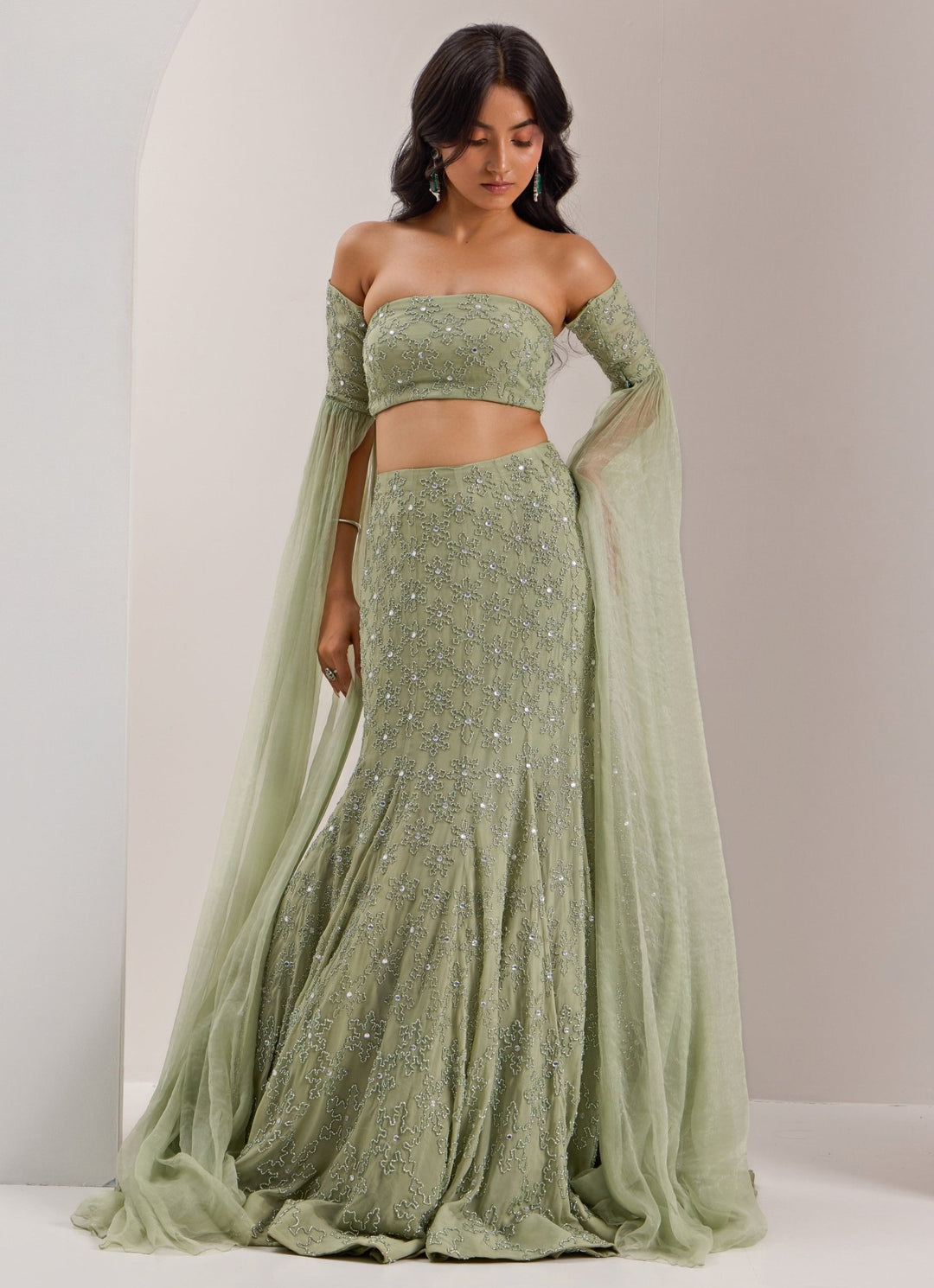 Mint Green Mermaid Jaal Lehenga Silky Bindra - Fabilicious Fashion