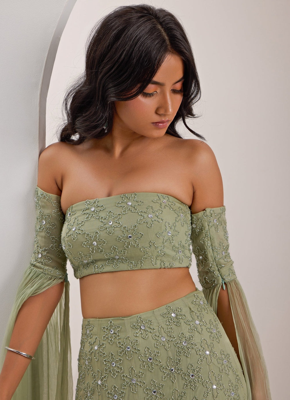 Mint Green Mermaid Jaal Lehenga Silky Bindra - Fabilicious Fashion