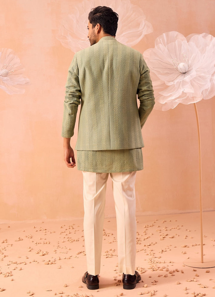 Mint Green Nehru Open Jacket Kurta Set Contrast by Parth - Fabilicious Fashion