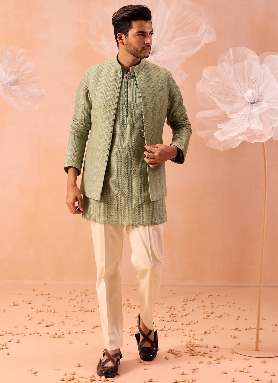 Mint Green Nehru Open Jacket Kurta Set Contrast by Parth - Fabilicious Fashion