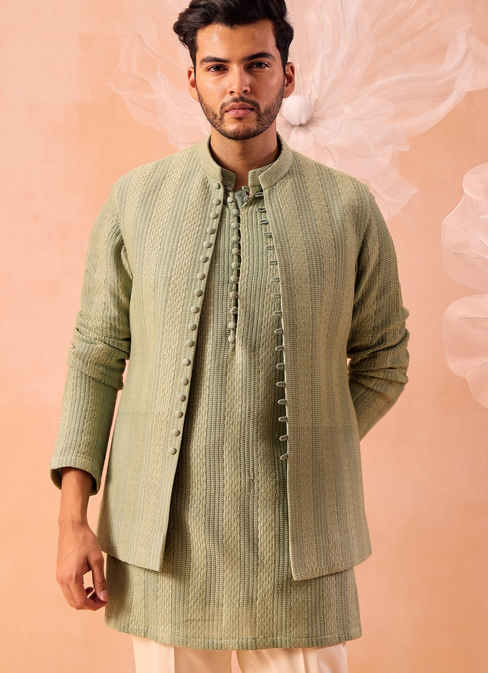 Mint Green Nehru Open Jacket Kurta Set Contrast by Parth - Fabilicious Fashion
