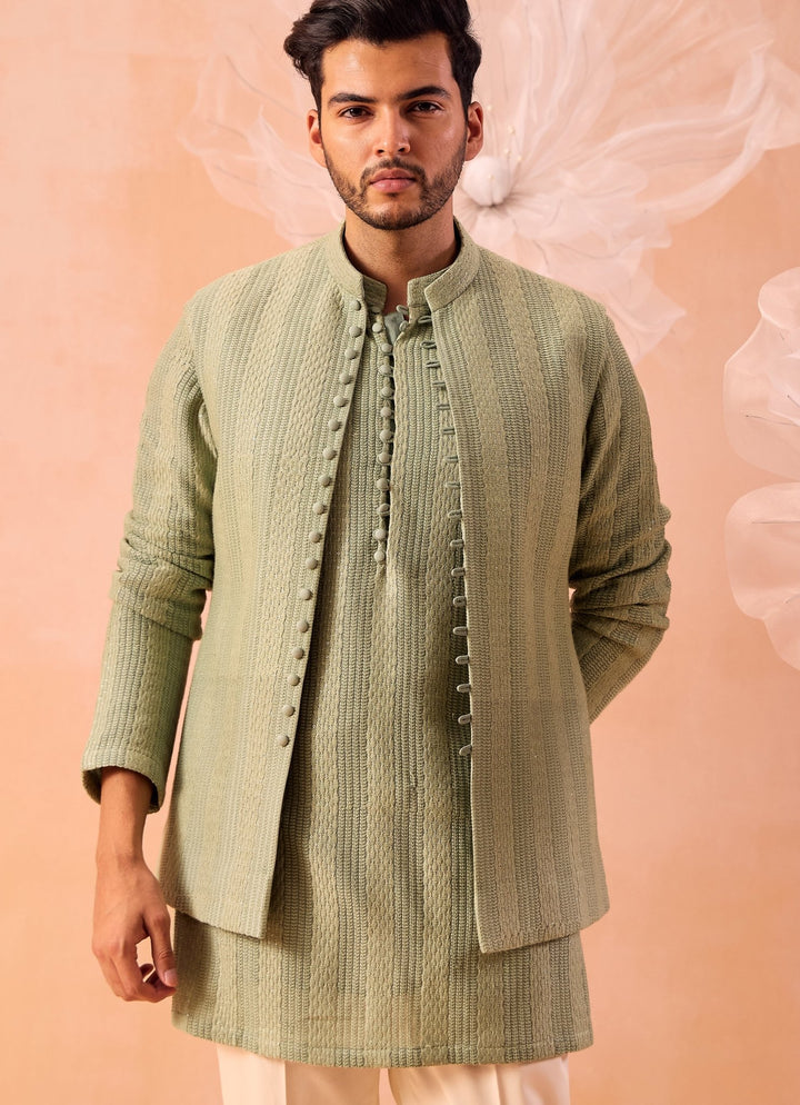 Mint Green Nehru Open Jacket Kurta Set Contrast by Parth - Fabilicious Fashion