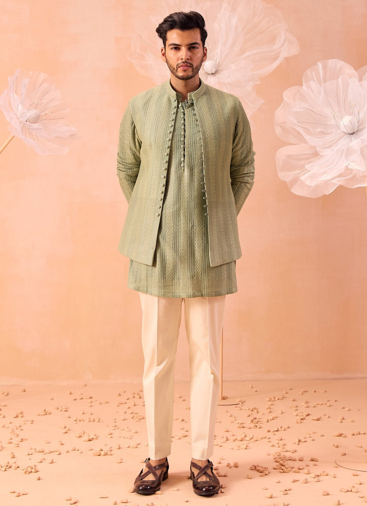 Mint Green Nehru Open Jacket Kurta Set Contrast by Parth - Fabilicious Fashion