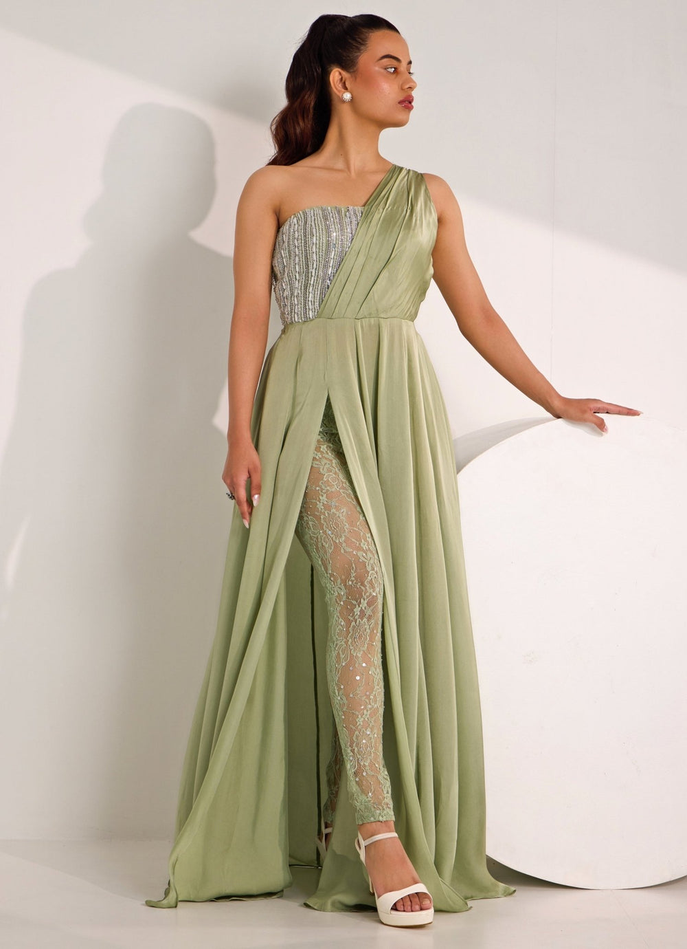 Mint Green One Shoulder Embellished Gown Silky Bindra - Fabilicious Fashion