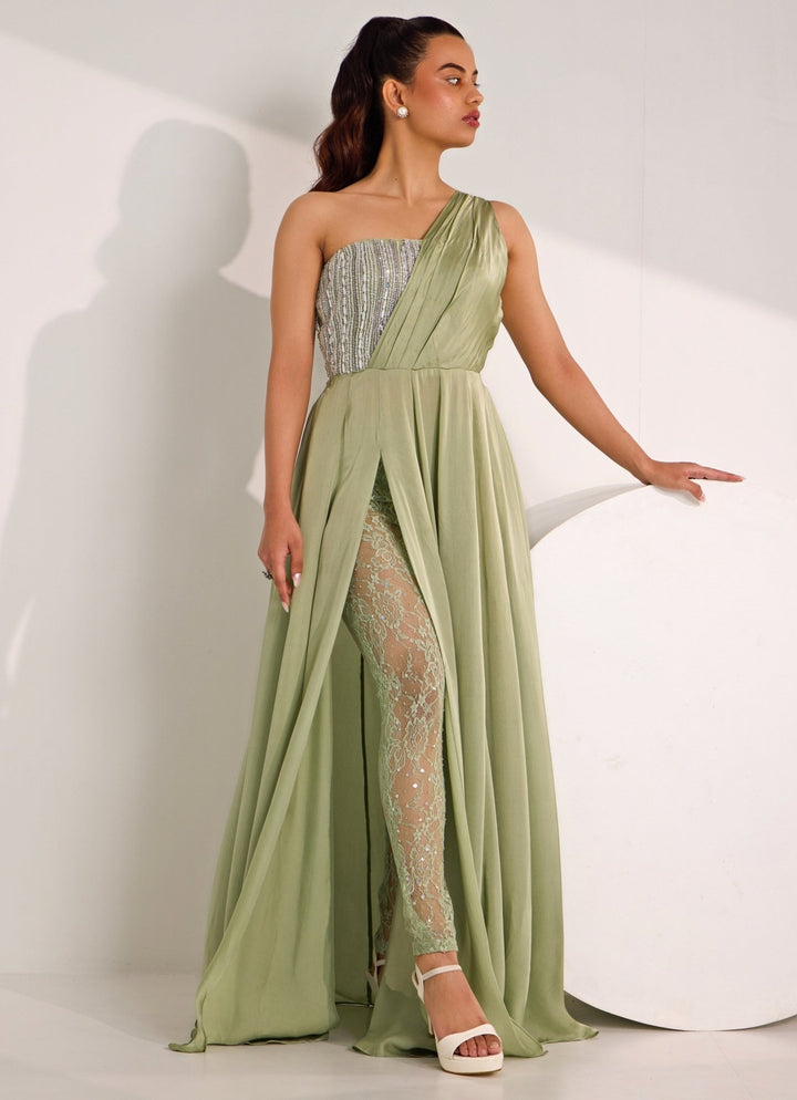 Mint Green One Shoulder Embellished Gown Silky Bindra - Fabilicious Fashion
