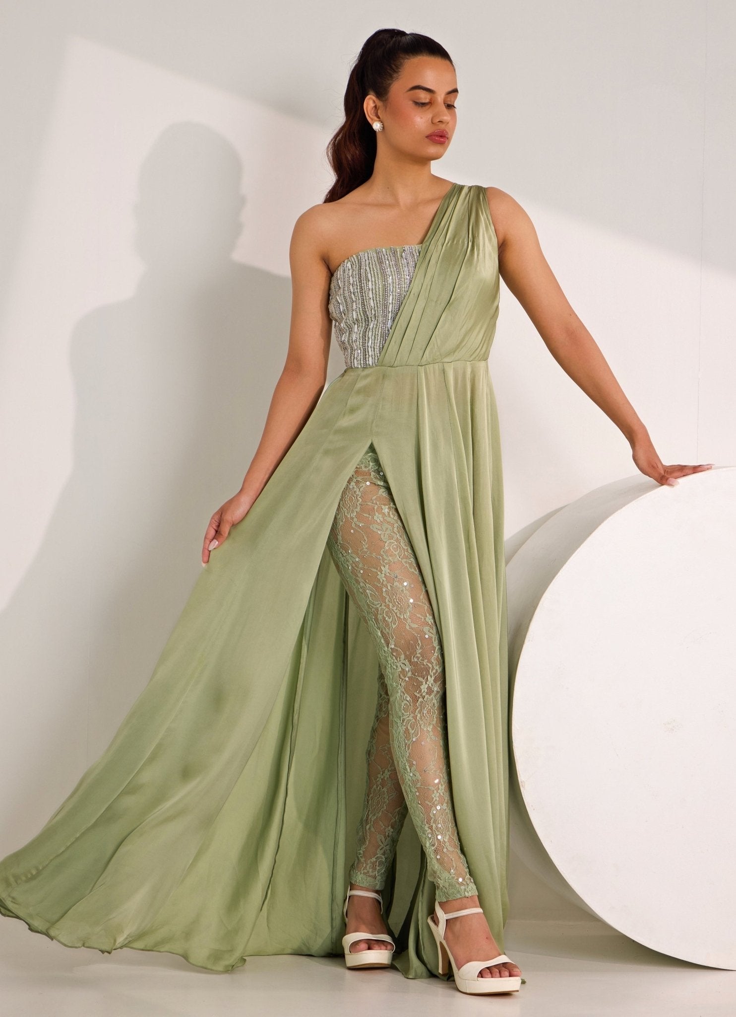 Mint Green One Shoulder Embellished Gown - Silky Bindra