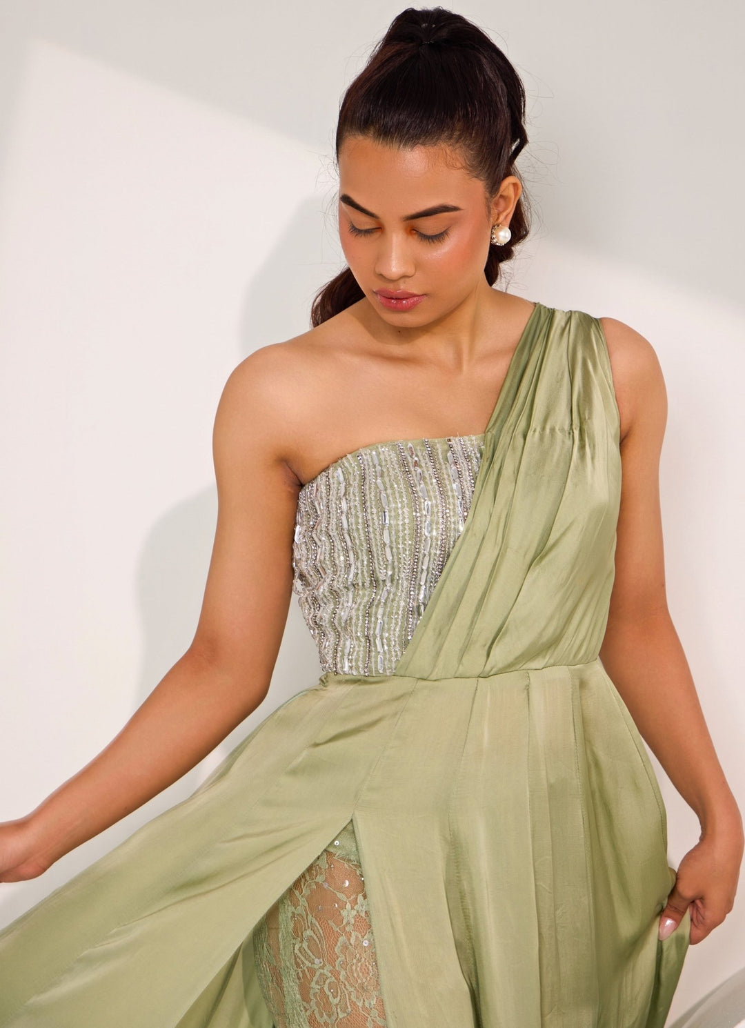 Mint Green One Shoulder Embellished Gown Silky Bindra - Fabilicious Fashion