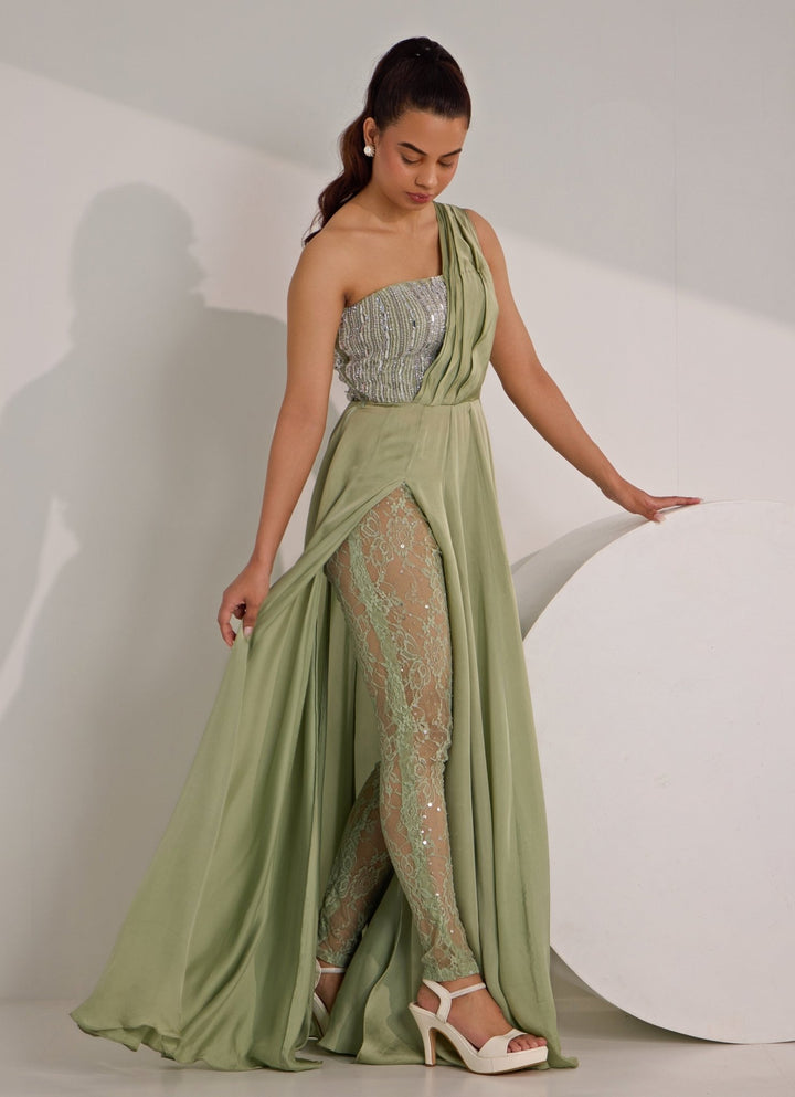 Mint Green One Shoulder Embellished Gown Silky Bindra - Fabilicious Fashion