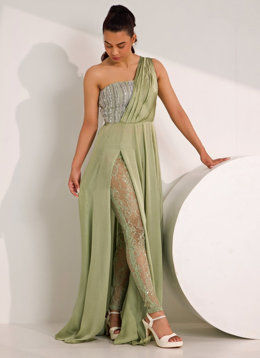 Mint Green One Shoulder Embellished Gown Silky Bindra - Fabilicious Fashion
