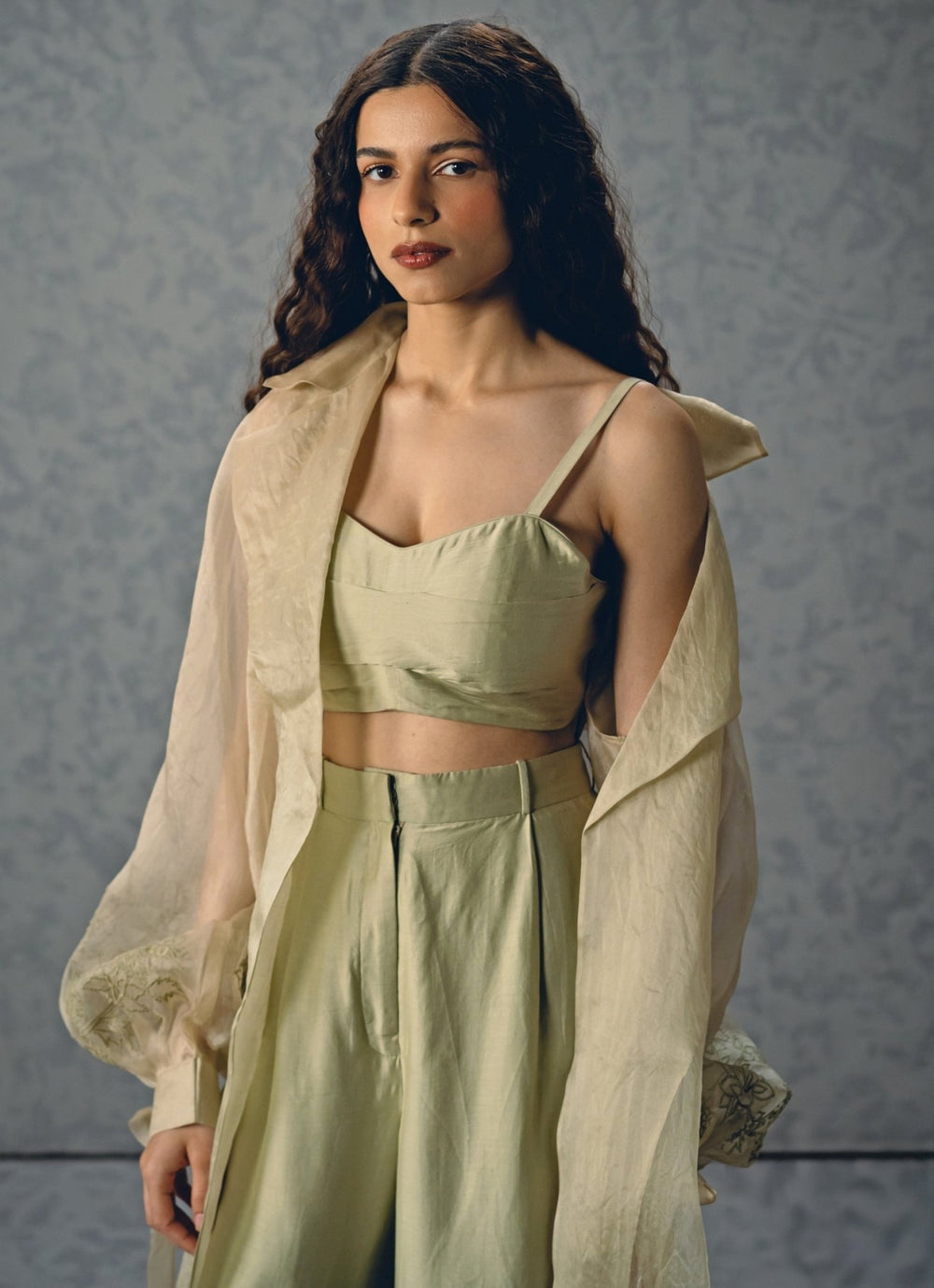 Mint Green Organza Pants Set With Jacket Paulmi and Harsh X Ease - Fabilicious Fashion