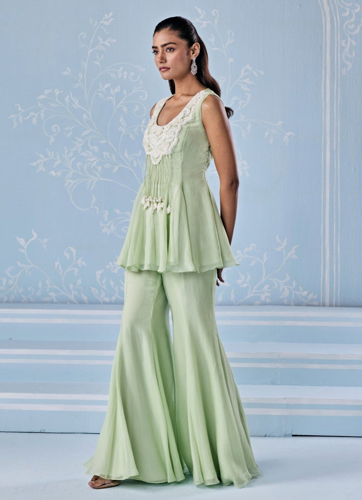 Mint Green Organza Peplum Pants Set Seema Thukral - Fabilicious Fashion