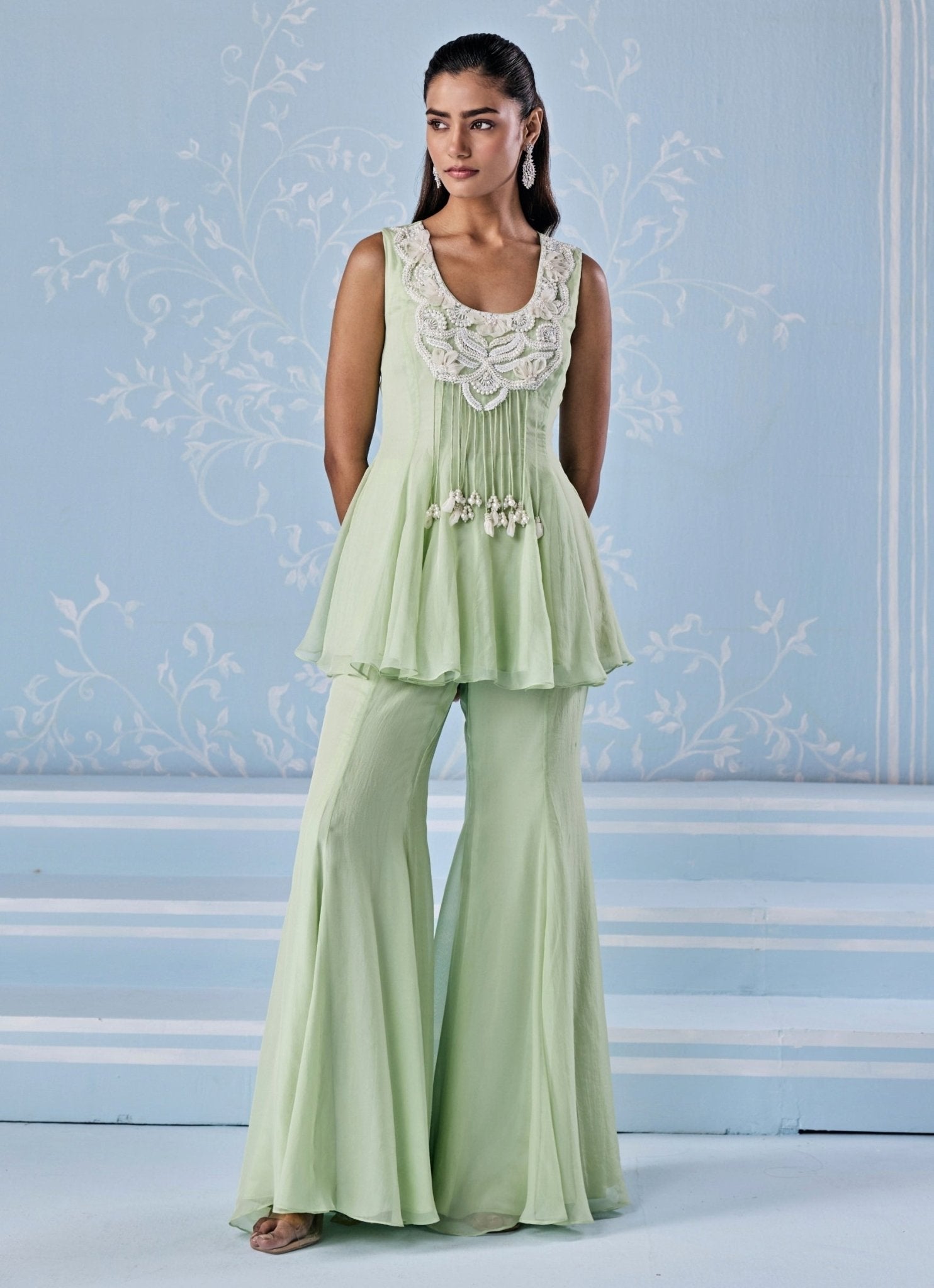 Mint green organza peplum pants set for Indian wedding