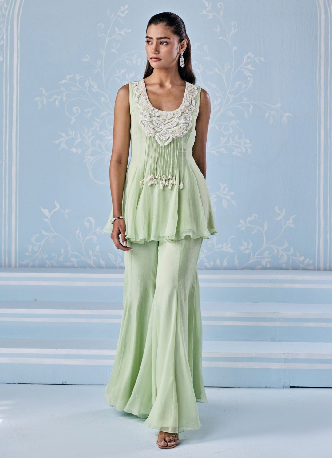 Mint Green Organza Peplum Pants Set Seema Thukral - Fabilicious Fashion