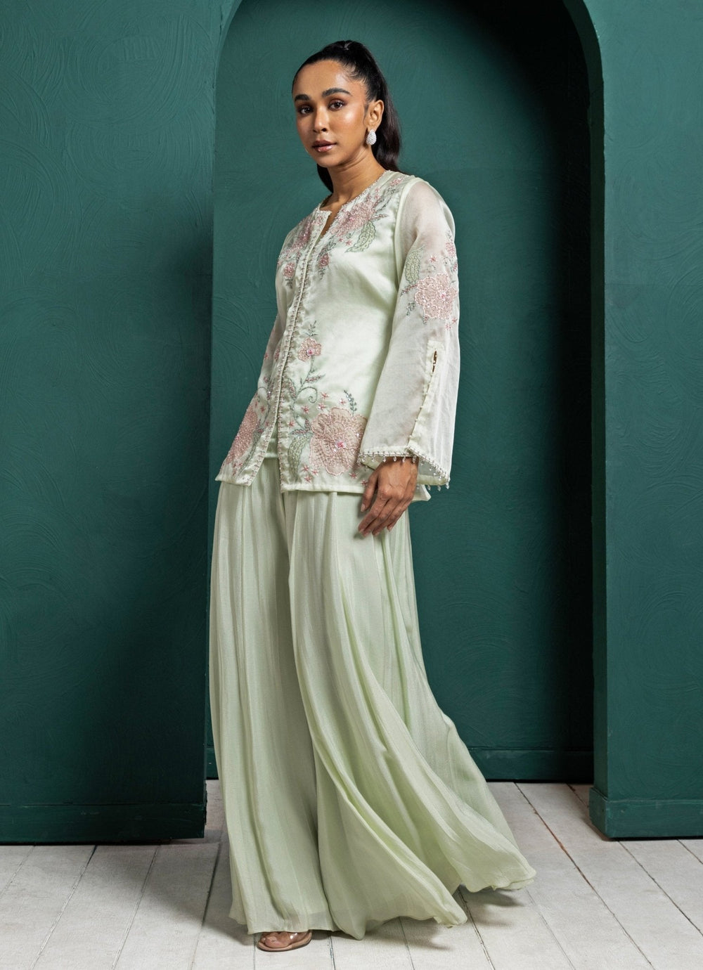 Mint Green Pants Set With Embroidered Jacket Smriti - Fabilicious Fashion