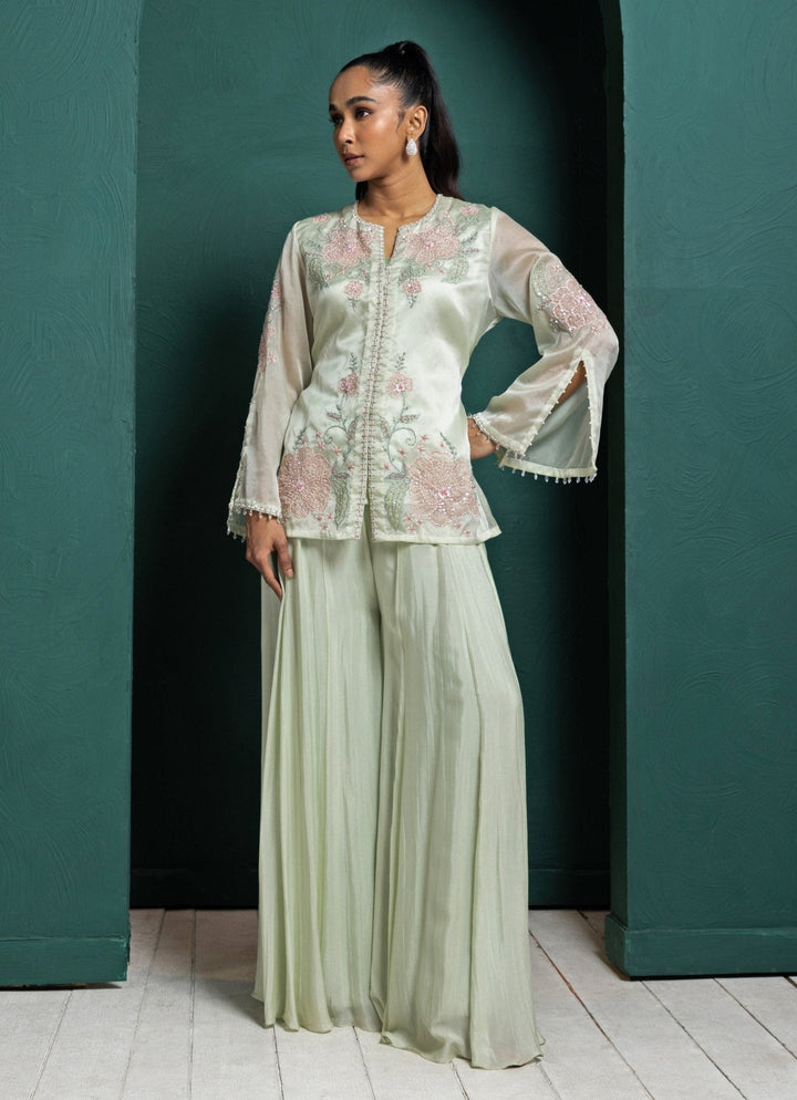 Mint Green Pants Set With Embroidered Jacket Smriti - Fabilicious Fashion