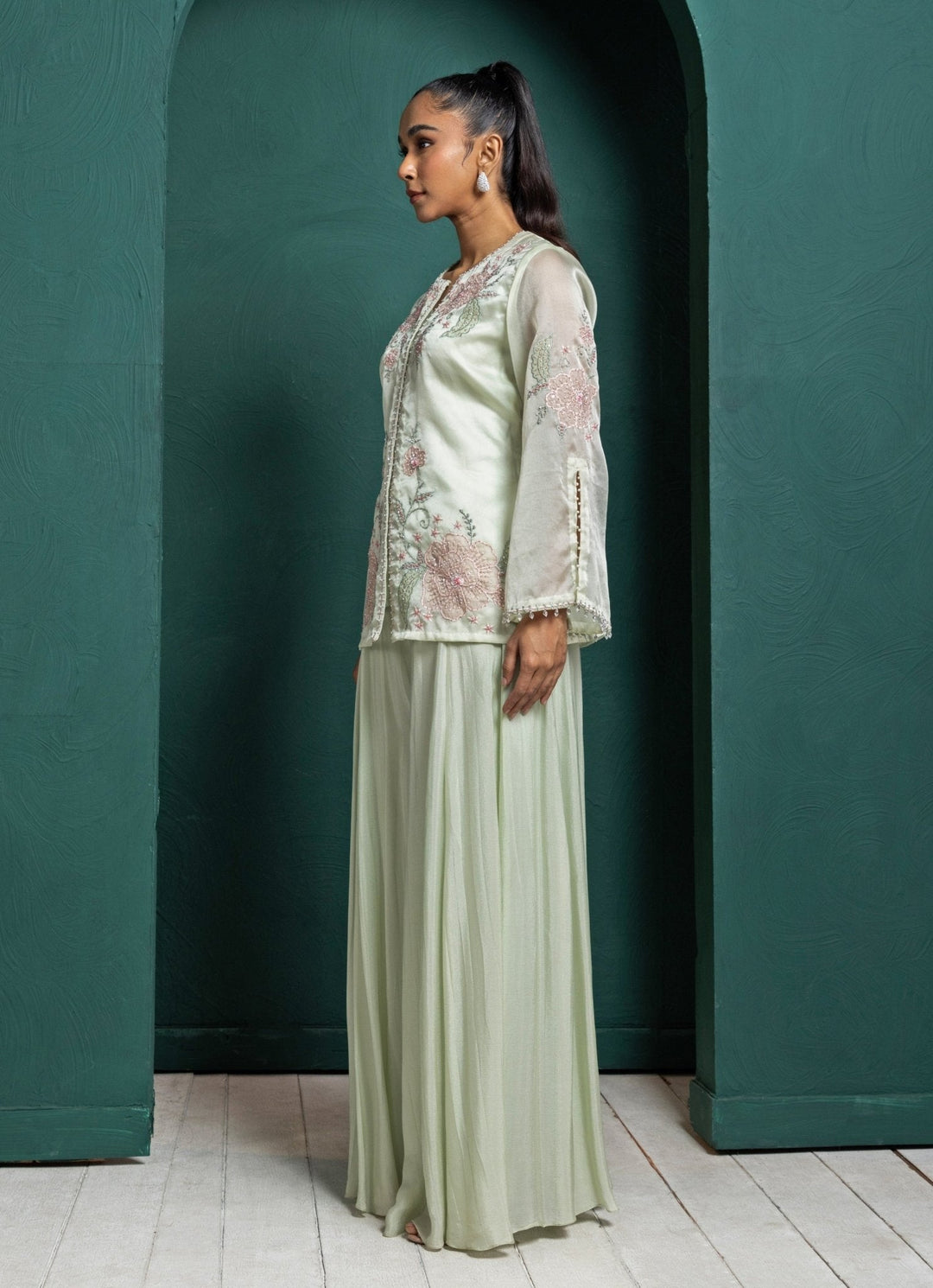 Mint Green Pants Set With Embroidered Jacket Smriti - Fabilicious Fashion