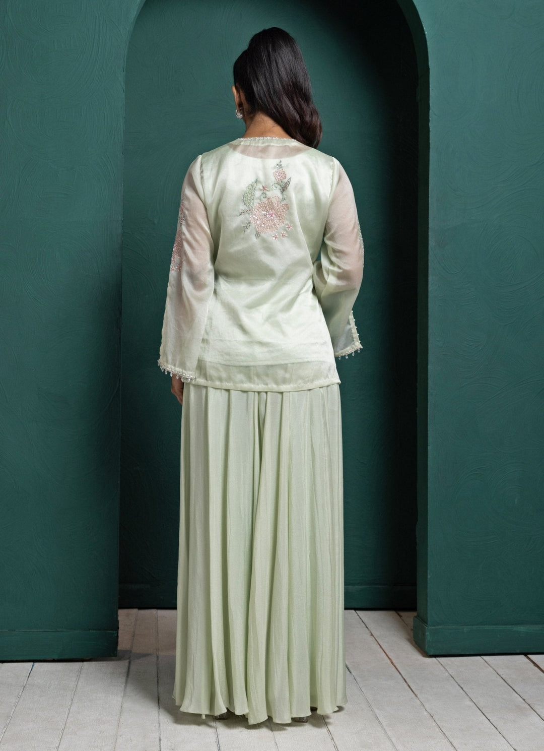 Mint Green Pants Set With Embroidered Jacket Smriti - Fabilicious Fashion