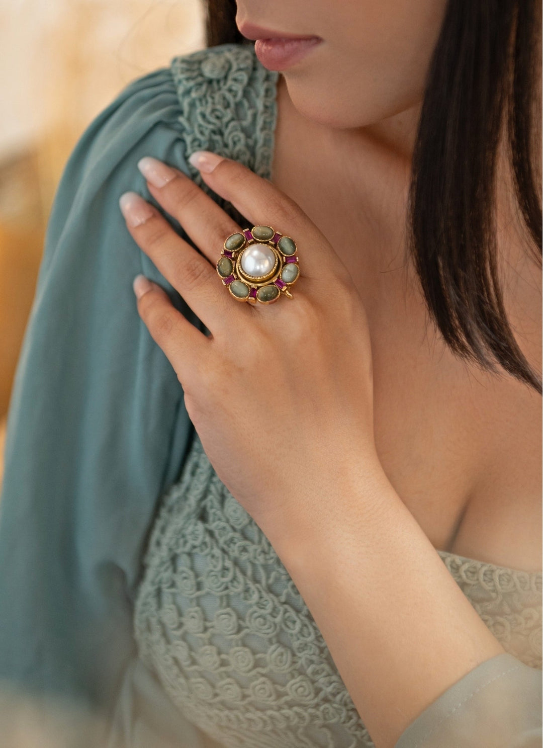 Do Taara Mint Green Pearls RingFabilicious Fashion