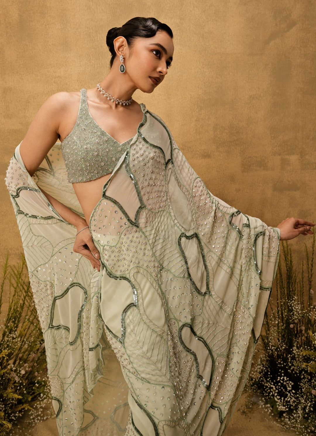 Quench A Thirst Mint Green Predraped Georgette SareeFabilicious Fashion