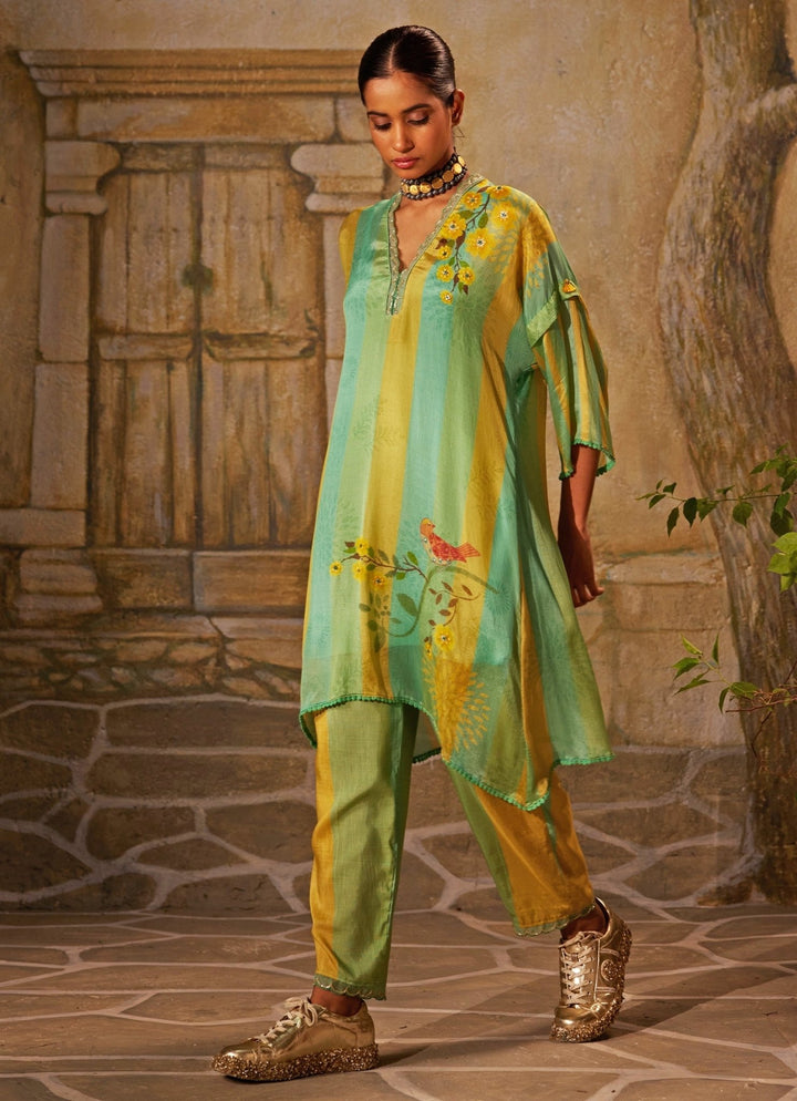 Mint Green Printed Chiffon Kurta Pants Set Basil Leaf - Fabilicious Fashion