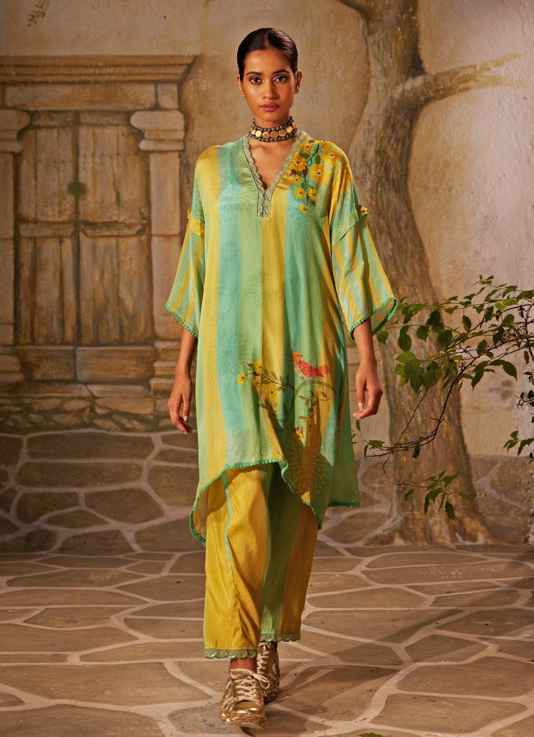 Mint Green Printed Chiffon Kurta Pants Set Basil Leaf - Fabilicious Fashion