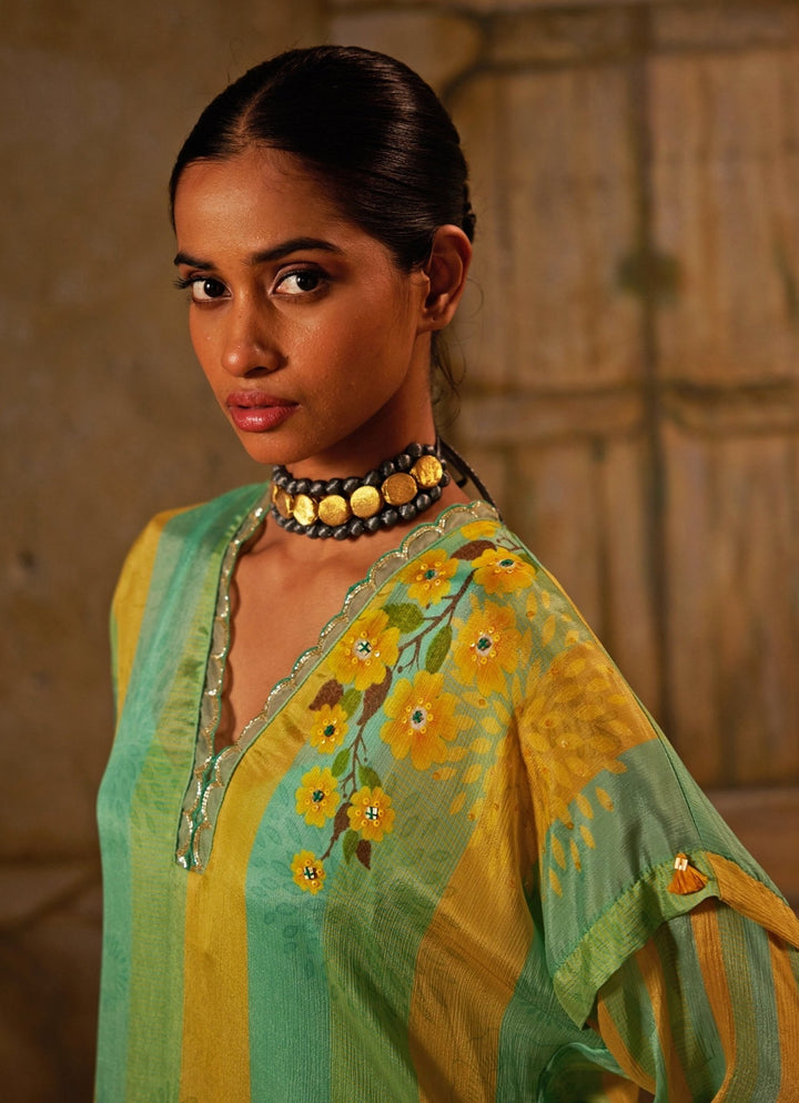 Mint Green Printed Chiffon Kurta Pants Set Basil Leaf - Fabilicious Fashion