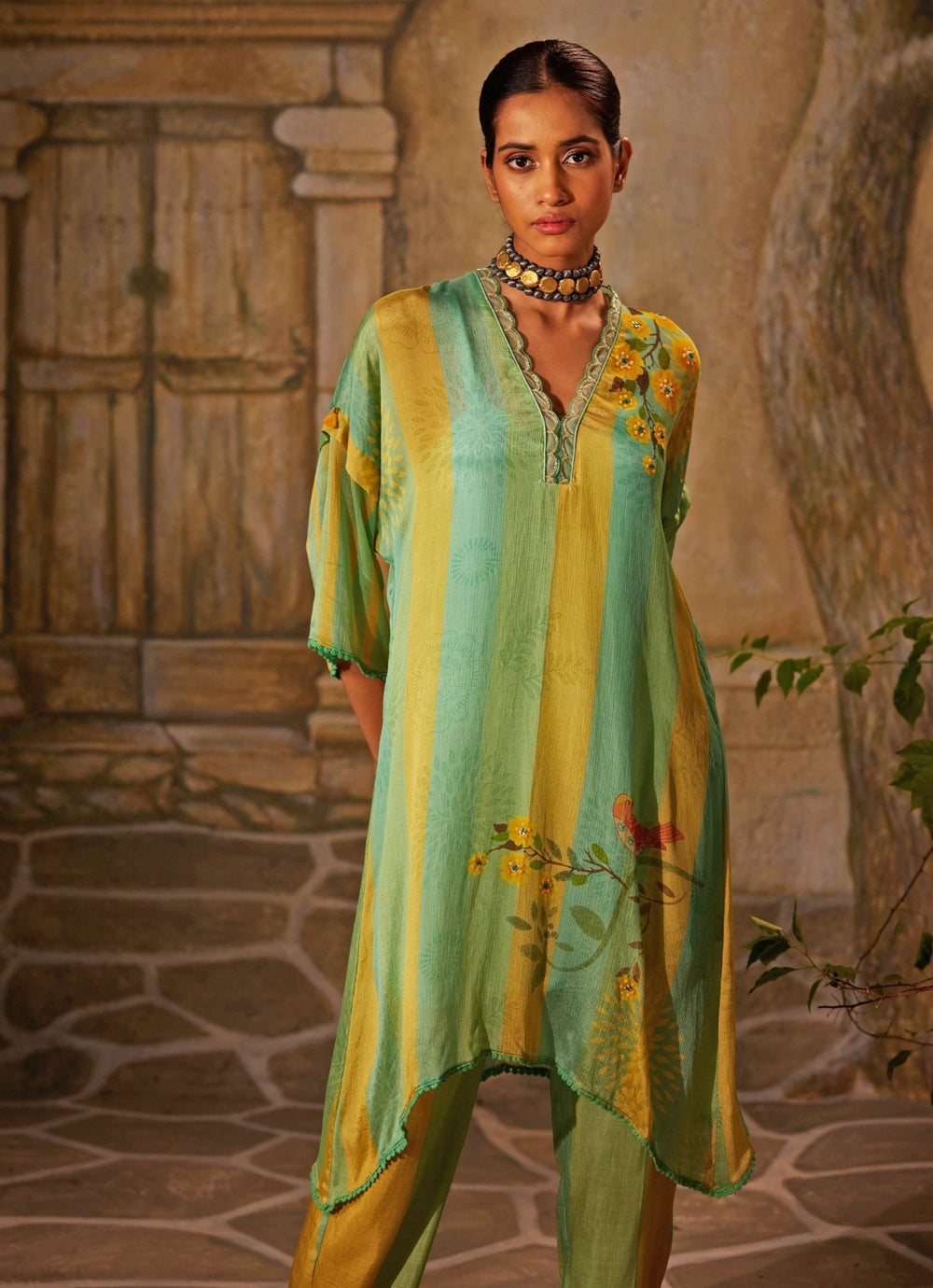 Mint Green Printed Chiffon Kurta Pants Set Basil Leaf - Fabilicious Fashion